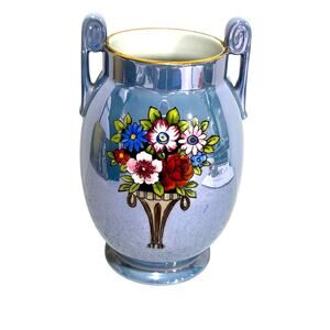 Vintage Japan Vase blue lustre ware urn shape side handles floral decorative